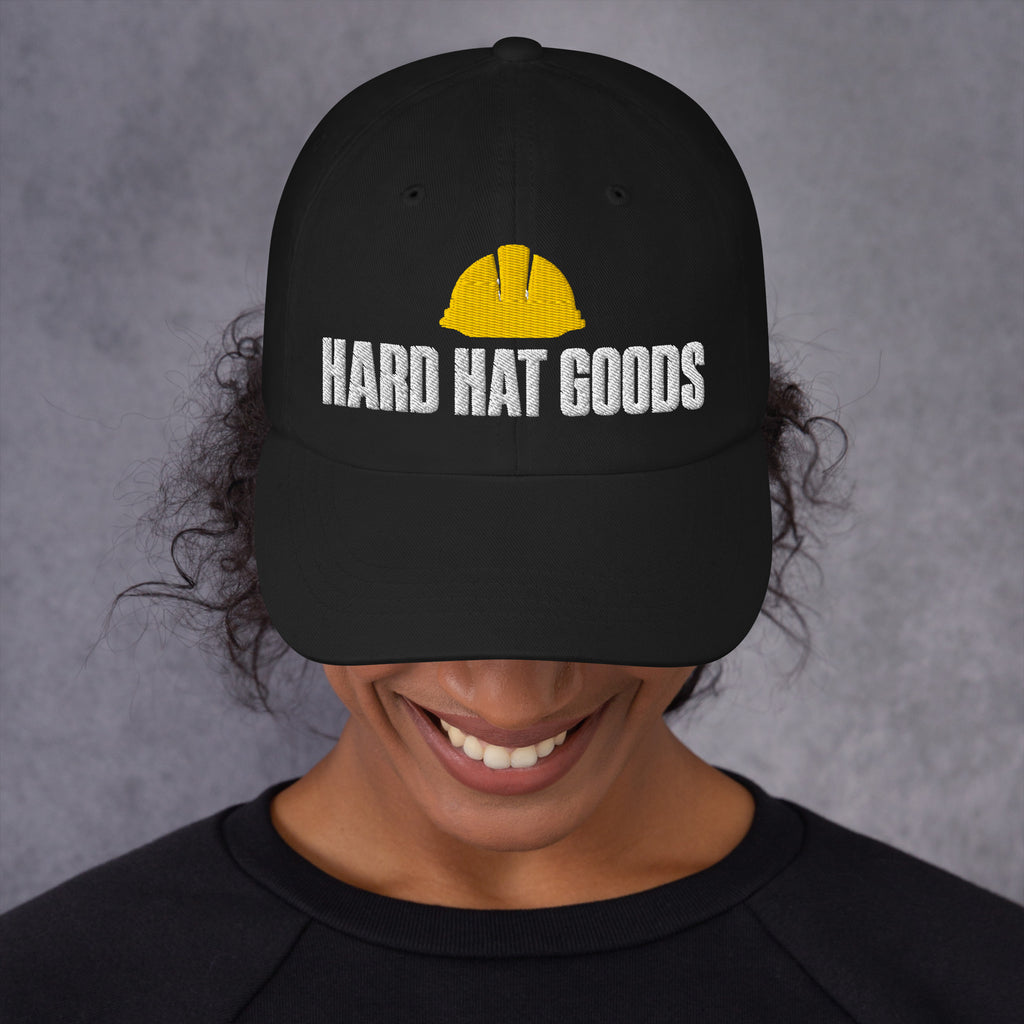 Black embroidered dad hat with Hard Hat Goods logo