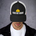 Black and white mesh trucker hat with embroidered Hard Hat Goods logo